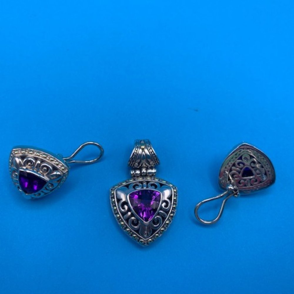 Samuel Benham Sterling Silver & 18K Amethyst Trillion Pendant and Earrings NWOT